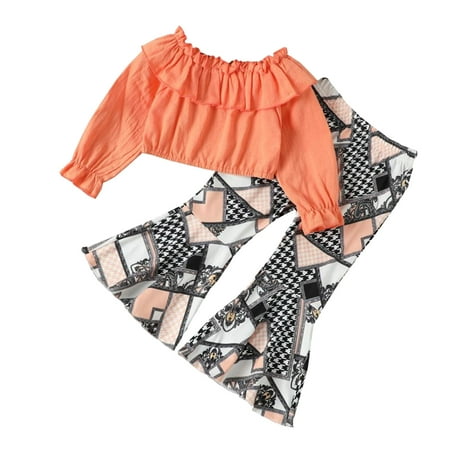 

ZMHEGW Toddler Baby Girl Clothes Long Sleeves Tops Denim Bell Bottom Pants 2pcs Set Outfits For Girl 4-5 Years