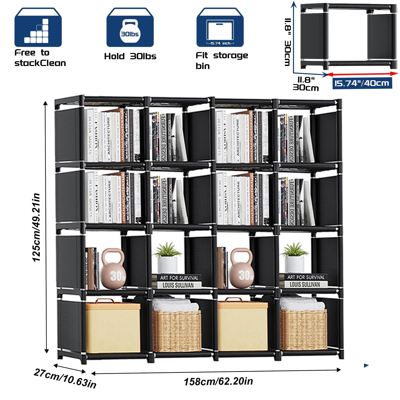 Book Storage Organizer,16 Cuble DIY Bookcase Closet for Bedroom Living Room Office,Book Shelf Organizer,Tall Bookcase Shelf, Assembled Cubicle Shelf