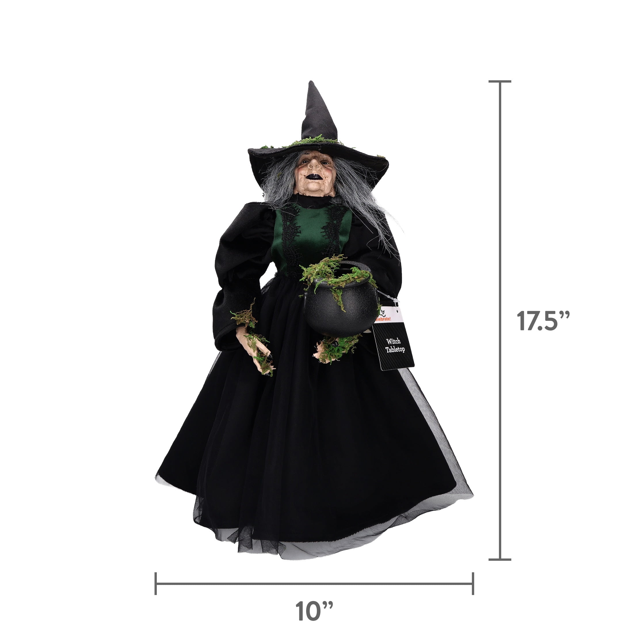 Fabric Witch Figurine with Moss Cauldron Decoration, Black, 17.6", Halloween by Way To Celebrate
