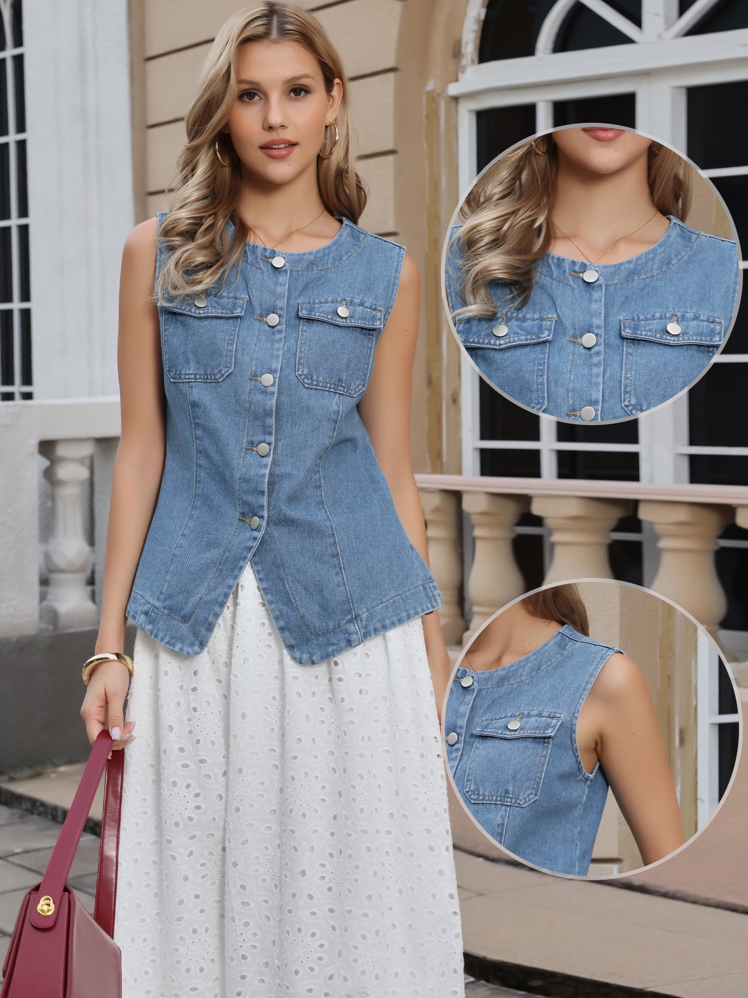 DARING DIVA Women's Collarless Button Down Sleeveless Denim Vest Top S Blue
