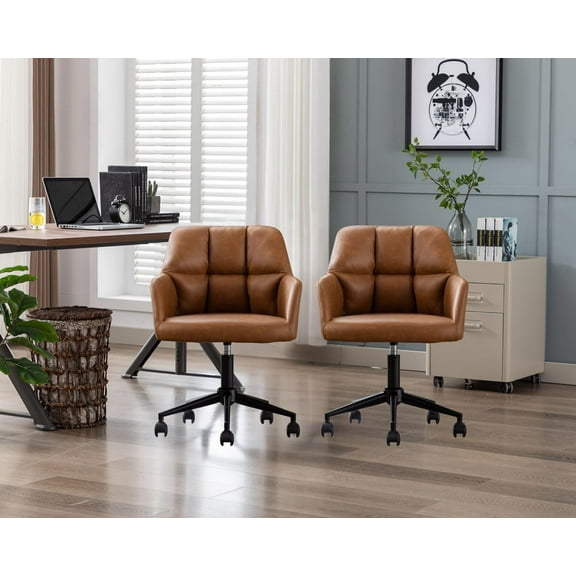 Wahson Brown Leather Office Desk Chair with Mid Back Support Set of 2,  Adjustable Height Computer Chair, 360° Rolling Swivel Task Chair Armchair Modern Vanity Chair for Home Office