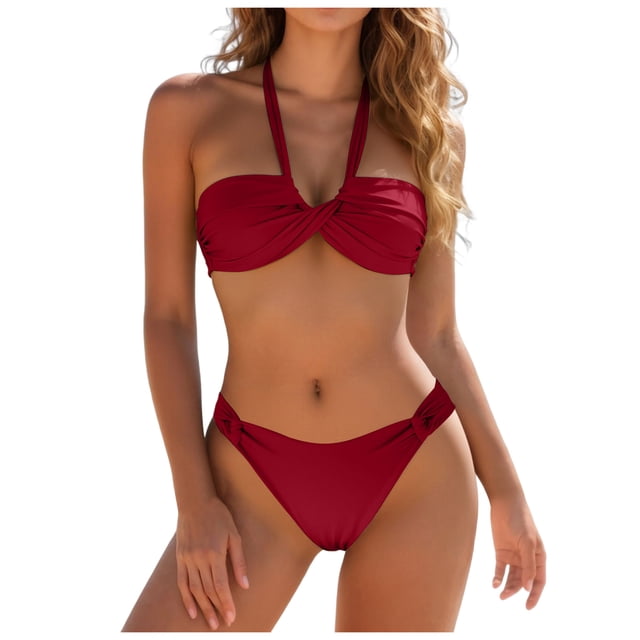 WUANDIXFA Women's Bikini Sets Two Piece Bathing Suit Womens Bikini Sets Drawstring Swimsuits Tie Back Bathing Suit Bikini Set Wine,M