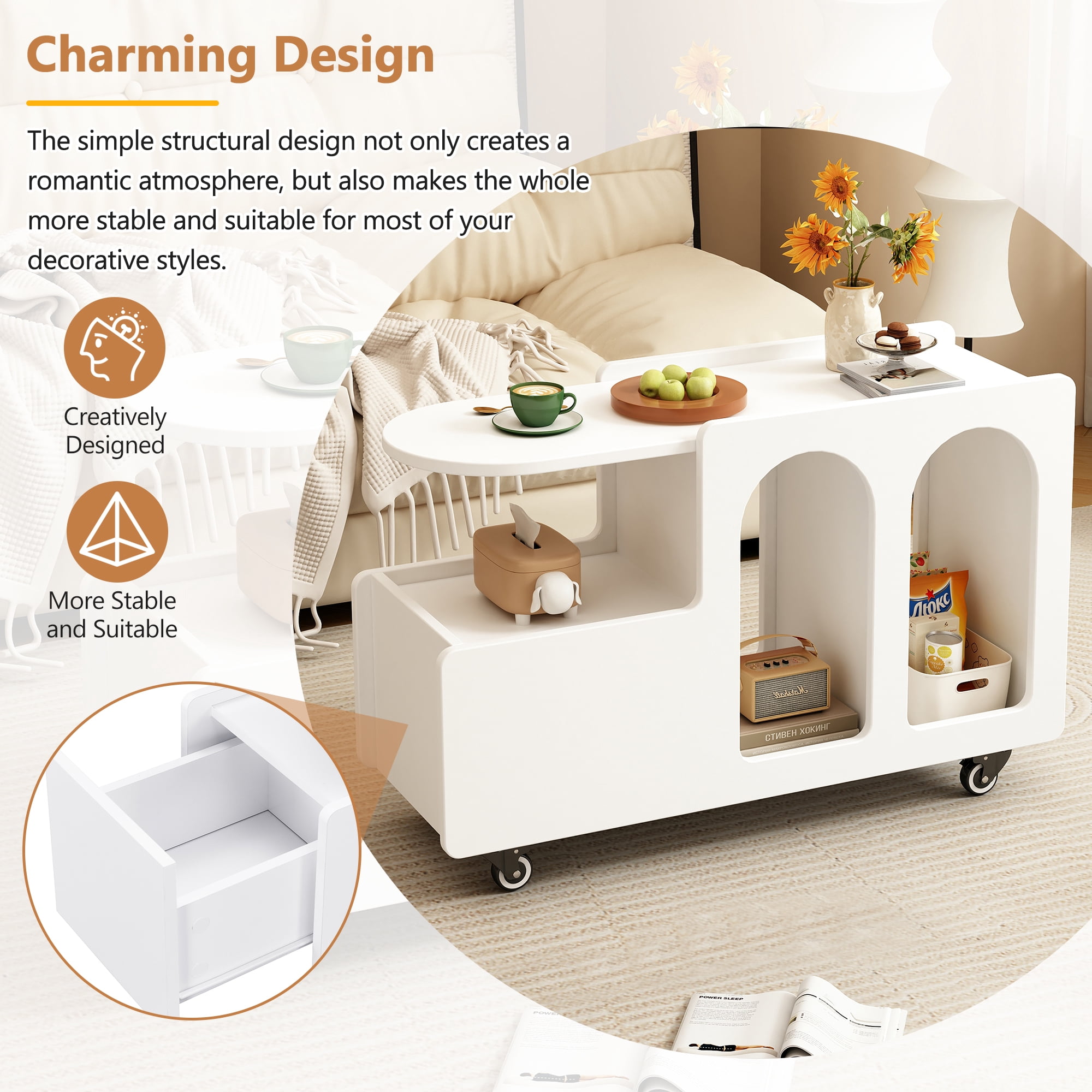 AENKYO Mobile End Table with lockable wheels, Cream Style Side Table with Storage Drawer, 11.8inch Narrow Nightstand with Multi-layer Storage for Living Room,White