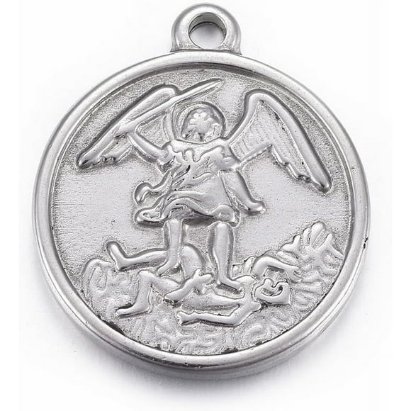 5Pcs Flat Round Pendants with Archangel Michael 304 Stainless Steel Pendants Stainless Steel Color for Women DIY Necklace Bracelet Earring Jewelry Craft Making 24x20.5x3mm Hole: 2mm