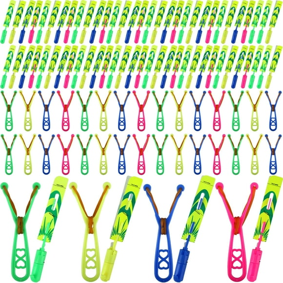 Cagemoga 104 Pcs Flying Slingshot Toy with Led Lights and Whistle 52Pcs Led Arrow Helicopter and 52Pcs Launchers for Summer Outdoor Game Birthdays Gifts Glow in The Dark Party Supplies