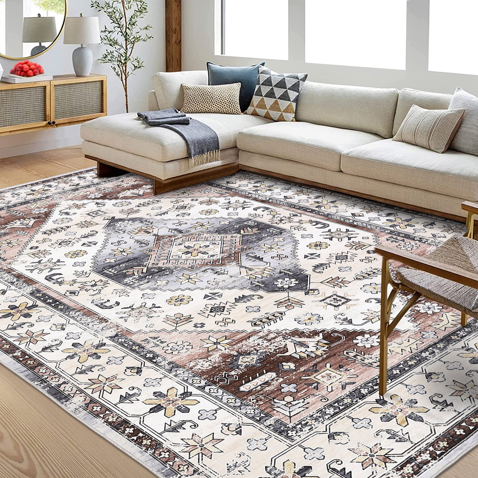 ZACOO 8'x10' Washable Rug Non Slip Vintage Oriental Rug Foldable Rug Retro Medallion Carpet for Living Room Bedroom,Rusty Red