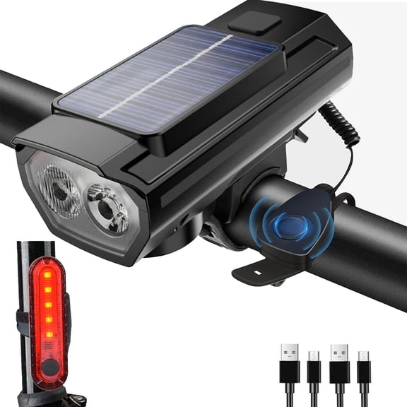 AYAMAYA Bike Light Set, Solar & USB Rechargeable Bicycle Headlight with Horn and Rear Taillight for Night Riding, Waterproof Safety Cycling Lights Set