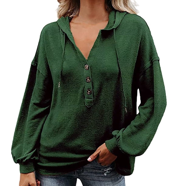 Mujeres Otoño Invierno Casual Botón sólido Cordón Sudadera con capucha Tops Fridja hj4914