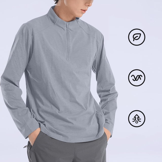 Blusa y camisa de manga larga con cuello alto para hombre, informal, a la moda, de color liso, con media cremallera, de manga larga, para correr, fitness, ejercicio al aire libre, blusa de poliéster p