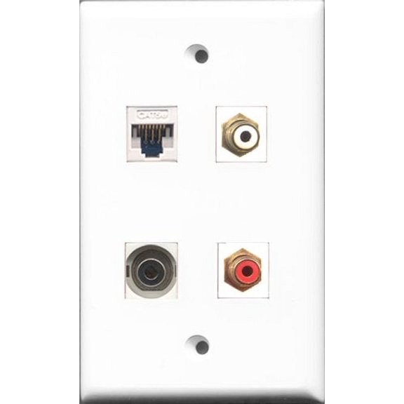 RiteAV 1 Port RCA Red and 1 Port RCA White and 1 Port 3.5mm and 1 Port Cat5e Ethernet White Wall Plate