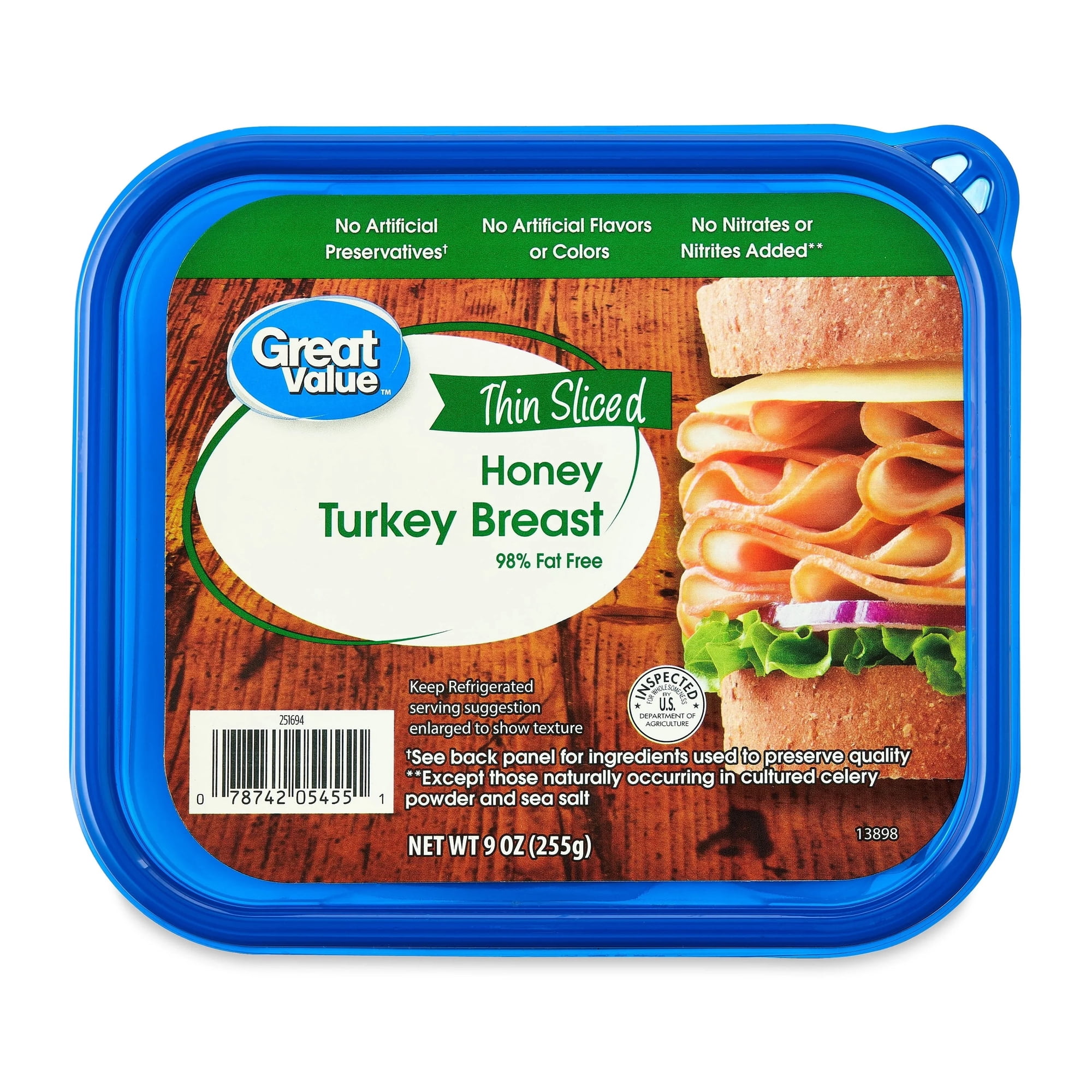 Great Value Honey Turkey Breast Lunchmeat, 9 oz, Plastic Tub
