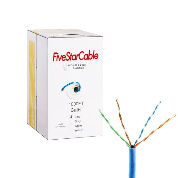 FiveStarCable Cat6 Plenum 23AWG CMP Rated Jacket Solid Copper Twisted Pairs Network Ethernet Cable Supports 10GBASE-T for VoIP and IP Video - 1000 Ft Blue