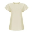 thumbnail image 6 of Beige Boat Neck Faux Linen Tshirts for Women Fall Summer Ruffle Short Sleeve Loose Fit Casual Pleated Plain Tops Shirts Womens 2025 Clothing Fashion XL, 6 of 8