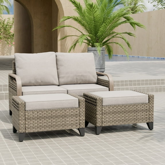 EAGLE PEAK 3 Piece Wicker Outdoor Patio Furniture Set, Patio Set with 2 Seat Loveseat Sofa, and 2 Ottomans, Brown/Beige