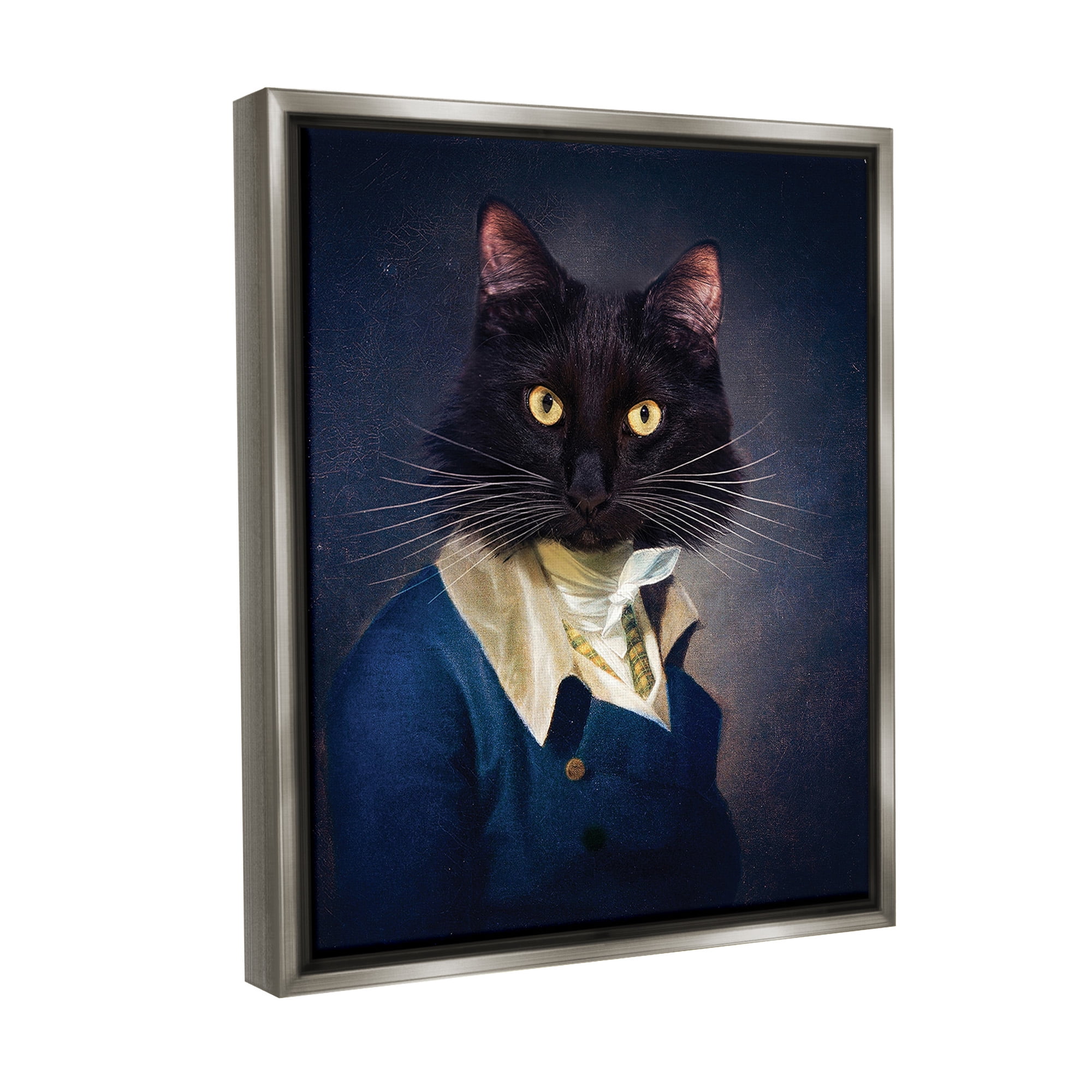 Stupell Industries Cat with Colonial Fashion Animals & Insects Painting Gray Floater Framed Canvas Art Print Wall Art, 25 x 31