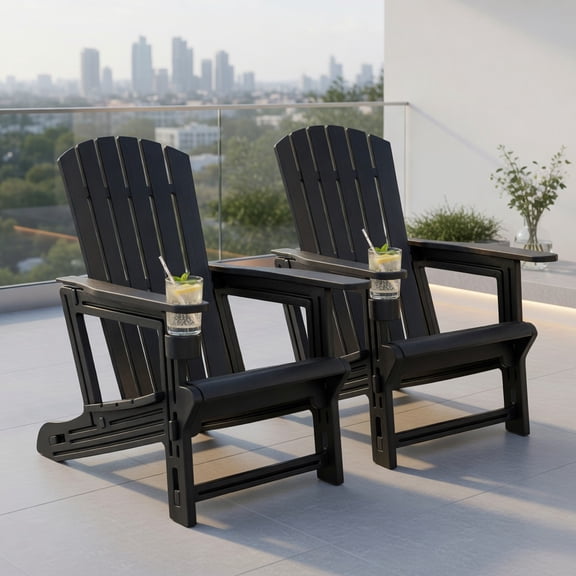 Spaco Set of 2 HDPE Adirondack Chairs, Garden High Back Loungers with Built-In Cup Holder & Wood Like Texture, Black