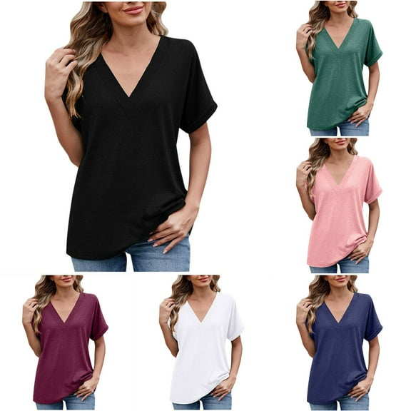 Stylish Olyvenn T Shirts Short Sleeve V Neck Tees Womens Fashion Tops Trendy Lightweight Soft Casual Summer Spring Outfits Black 20-22