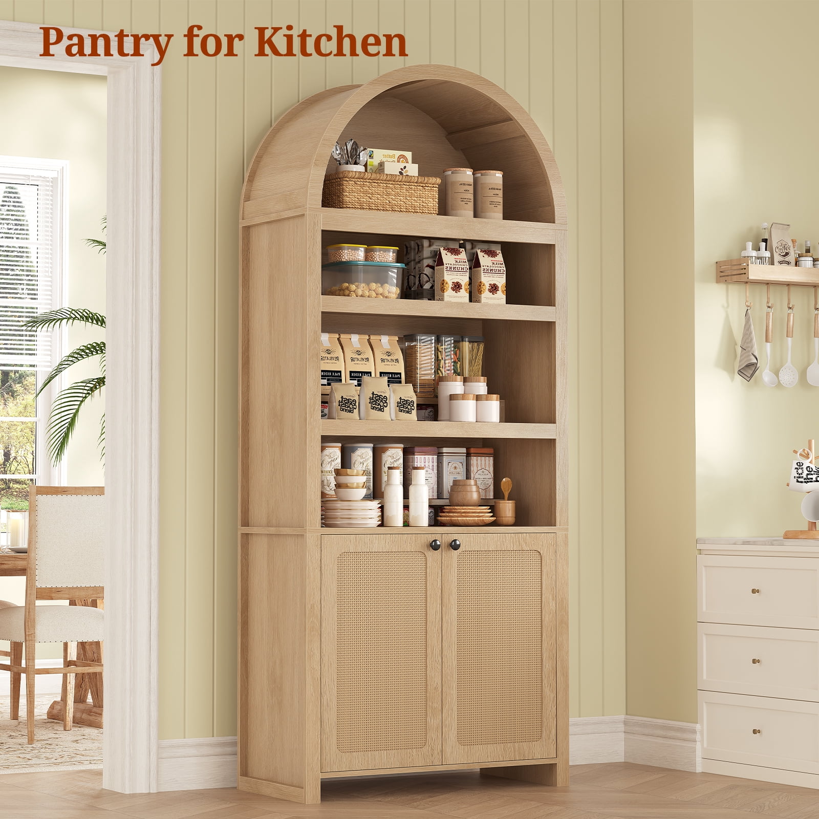 81" Tall Arched Cabinets,Bookcase with storage,Mid-Century Modern 6-Tier Bookshelf with Door,2 Book Risers and Adjustable Shelves offering more storage space for Living Room,Kitchen,Home Office,Oak