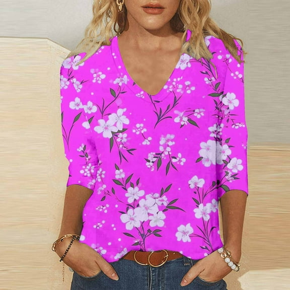 Sakmal Spring Tops for Women 2024 Purple 3/4 Sleeve V-Neck Floral T-Shirts Shirts