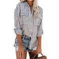 thumbnail image 2 of Aoochasliy Womens Tops Plus Size Short Sleeve Tops Striped Printed Single Breasted Long Sleeve Shirt Cotton Linen Tops, 2 of 5
