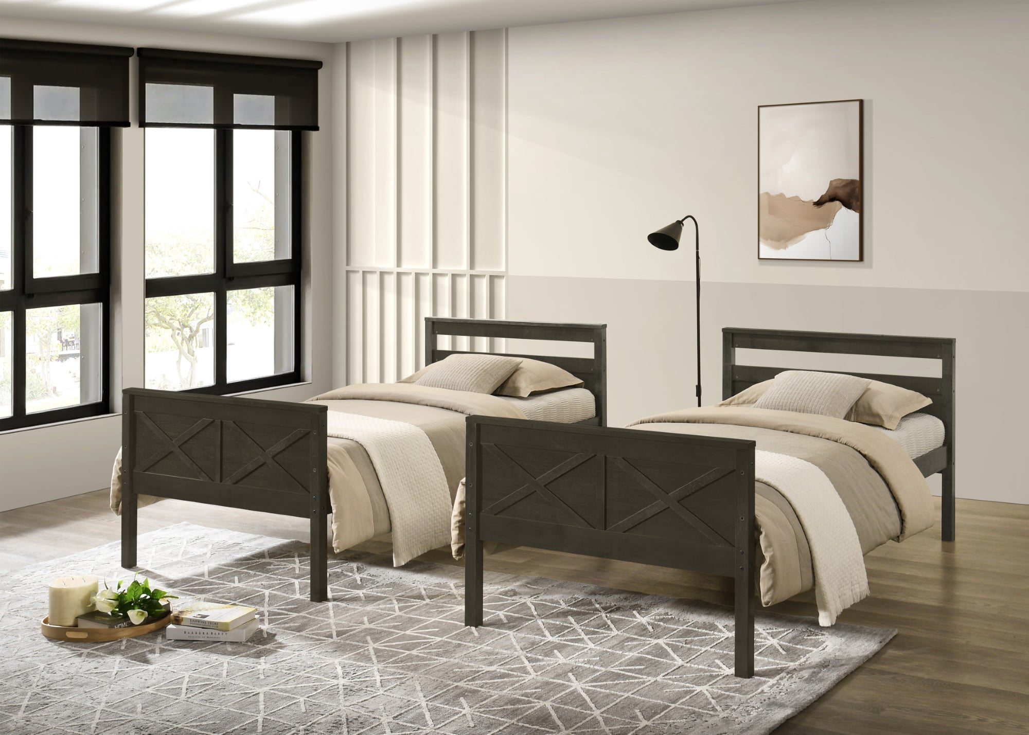 Home Design Exeter Twin Over Twin Solid Wood Bunk Bed Frame with Guardrails and Ladder, Dark Gray, Easy Assembly
