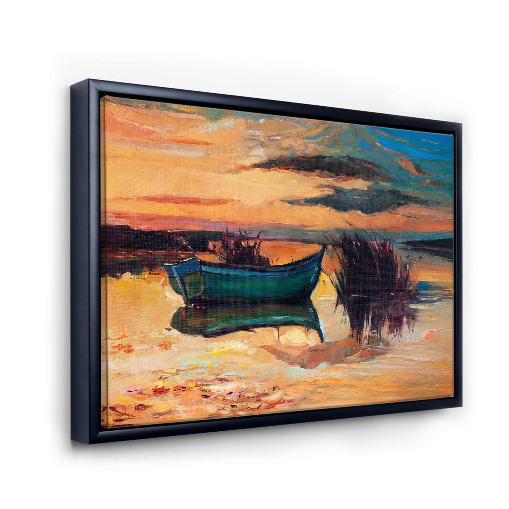 Designart 'Boat At The Lake During Evening Glow I' Nautical & Coastal Framed Canvas Wall Art Print