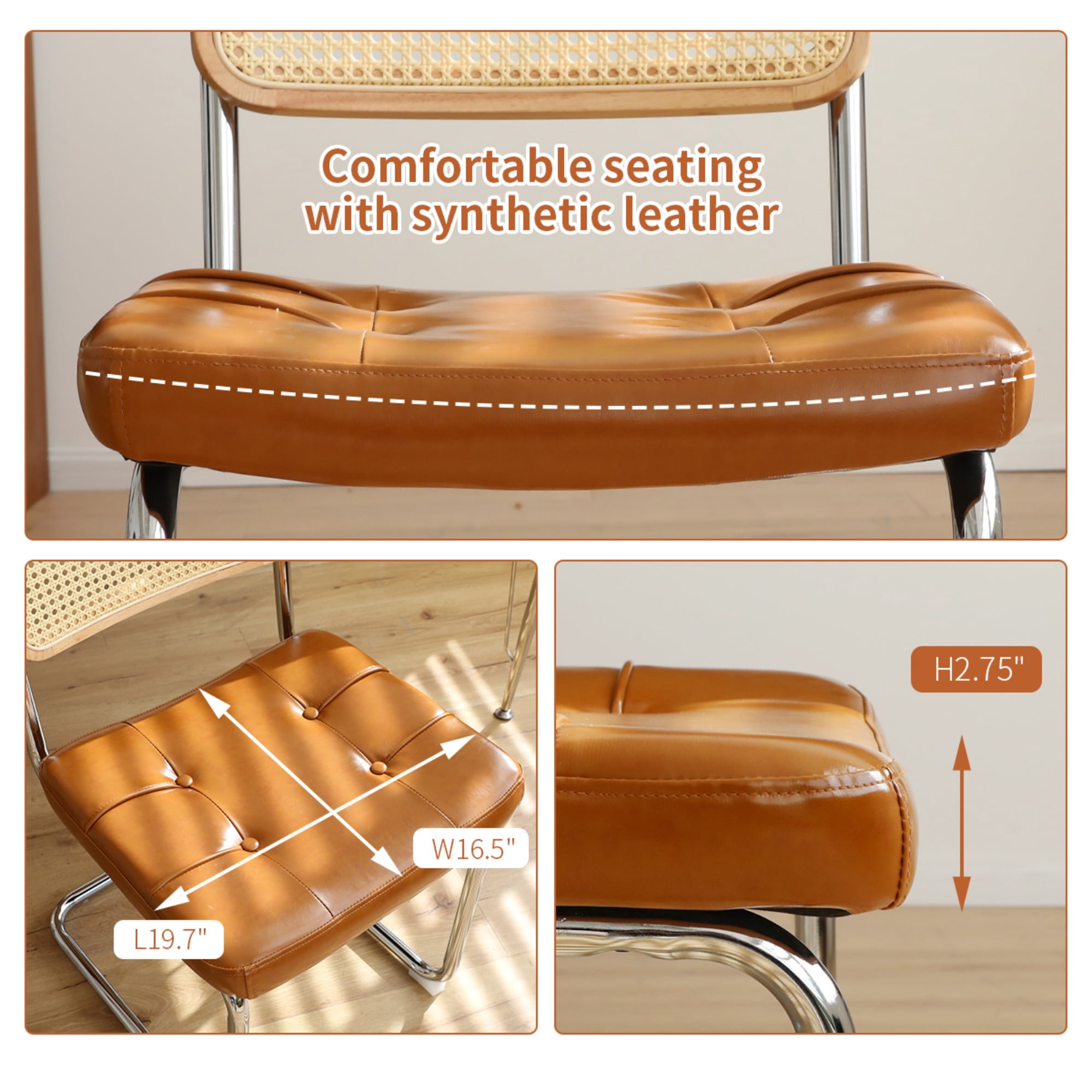 JXXRZ Rattan Dining Chairs Set of 2, Mid Century Modern Kitchen Side Chairs for Dining Living Room, Faux Leather Upholstered Dining Chairs, Brown