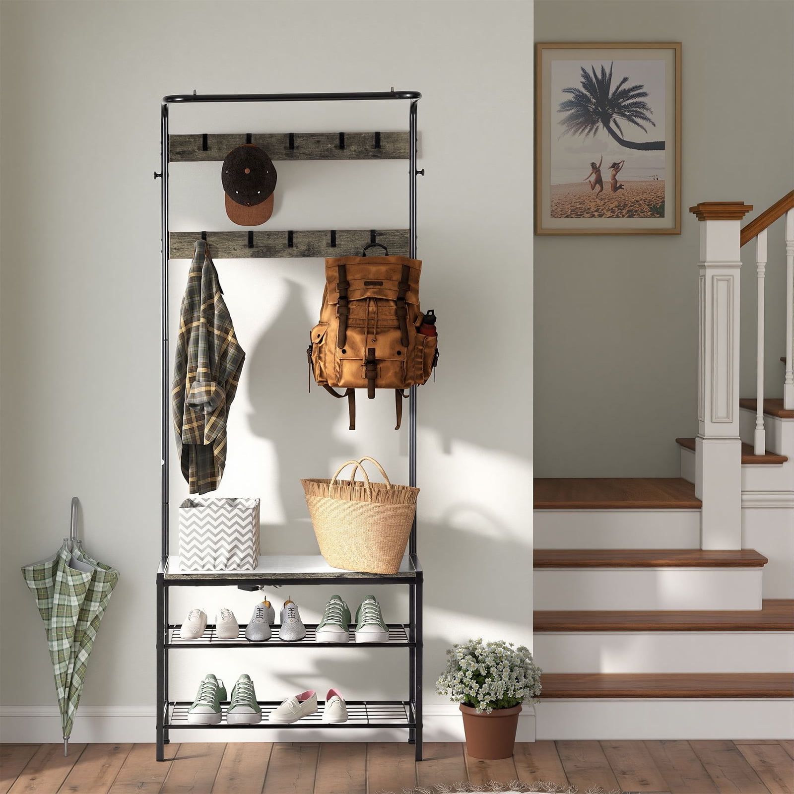 TrumanPick 4-in-1 Coat Rack, Hall Tree with Bench and Shoe Storage, Entryway Bench with Coat Rack, with 9 Removable Hooks & Hanging Rod, 13.3 x 28.3 x 72.1 Inches, Brown