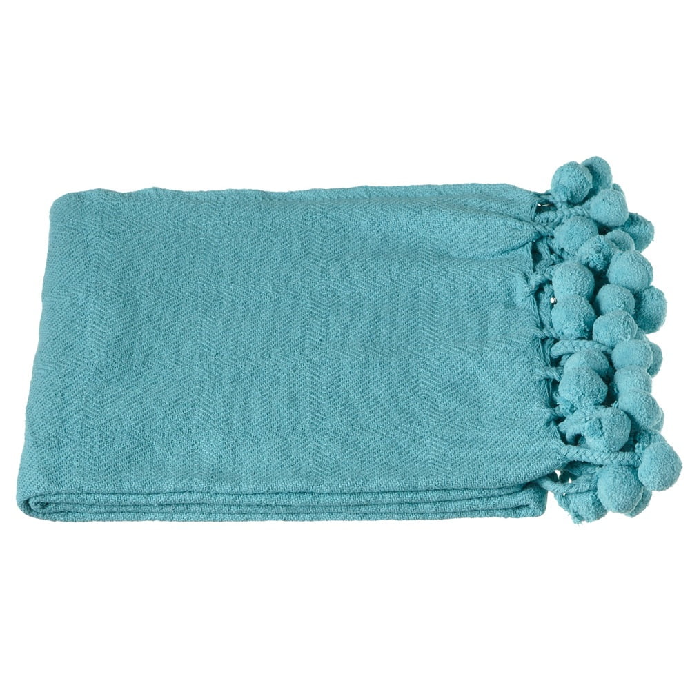 Set of 2 Solid Turquoise Blue Throw Blankets with Pom-Pom ...