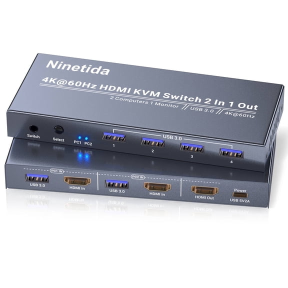 4K@60Hz HDMI KVM Switch 1 Monitor 2 Computers ,KVM Switch Sharing with 4 Ports USB 3.0 Hub, Share One Keyboard and Mouse Set for Office and Home Desktop Use