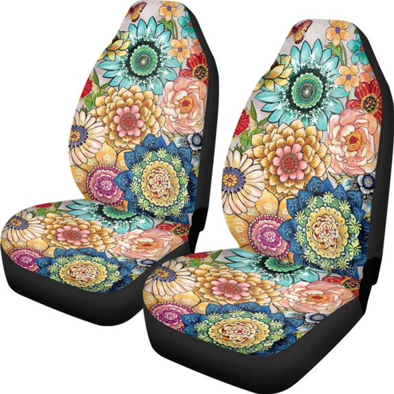 Suhoaziia Auto Accessiores Car Seat Covers Full Set of 2,Breathable Boho Mandala Flower High Back Front Seat Cover,Waterproof Saddle Blanket Seat Covers for Van Truck Vehicle