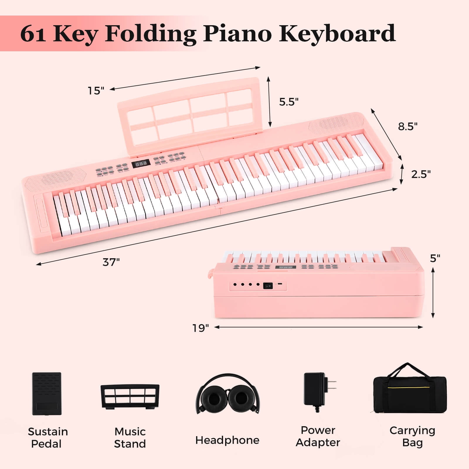 Infans 61-Key Foldable Piano Keyboard w/MIDI Split Function Headphone Sustain Pedal
