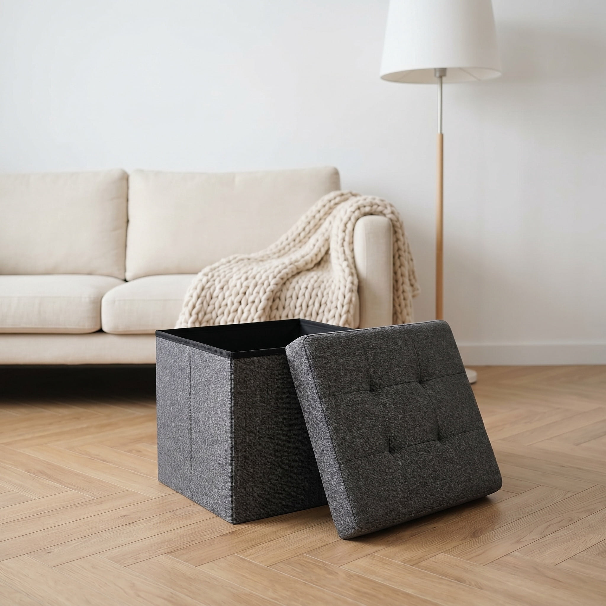 Nordic Hygge Folding Storage Ottoman, Dark Gray