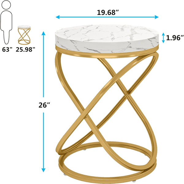Faux Marble Round End Table, Large Top, Gold Metal Frame for Bedroom/Living Room as Nightstand/Sofa Side Table