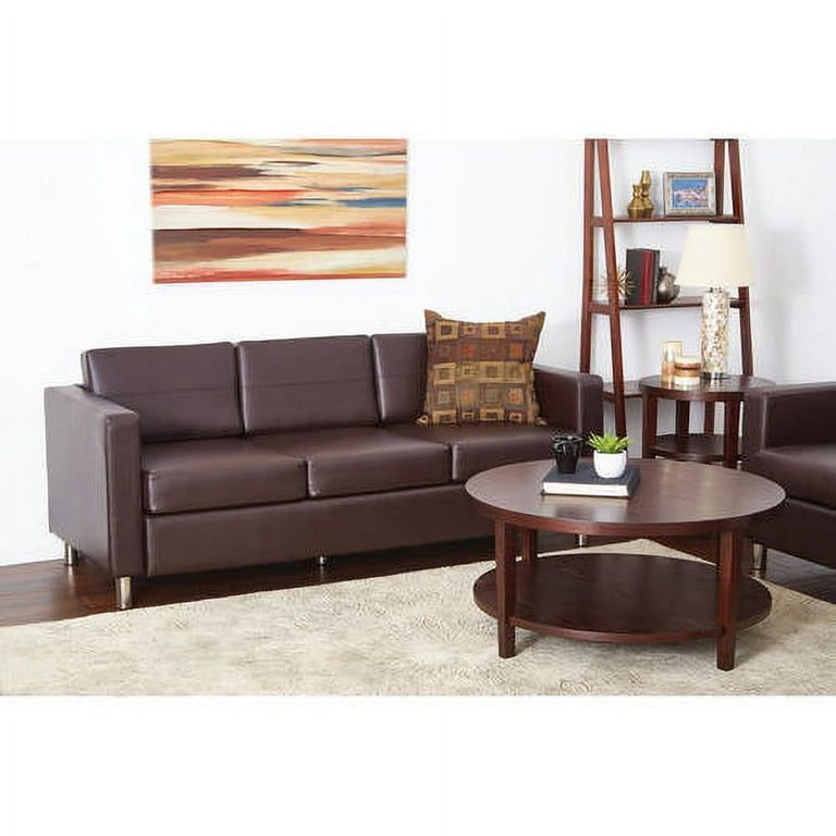 OSP Home Furnishings Pacific Easy-Care EspressoFaux Leather Sofa Couch with  Box Spring Seats and Silver Color Legs