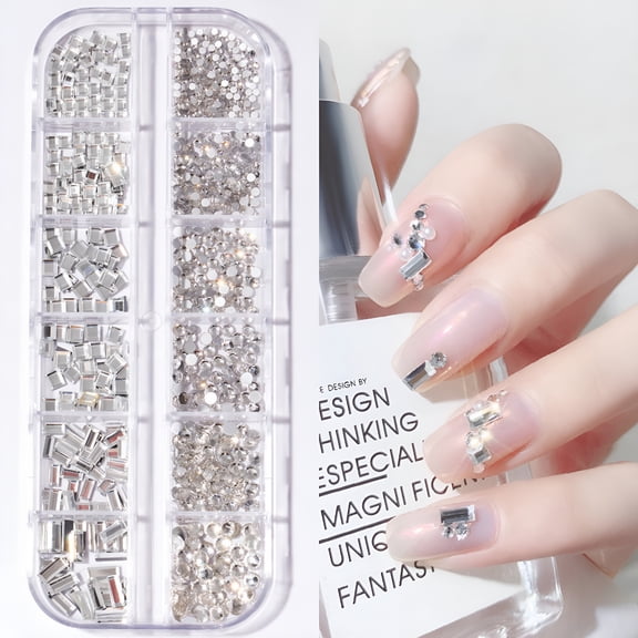 DESIGNICE 12Grids/Box Flat Back Nail Art Rhinestone 3D Effect Faux Pearl Style Round Glitters DIY Nail Rhinestones Decoration for Manicure