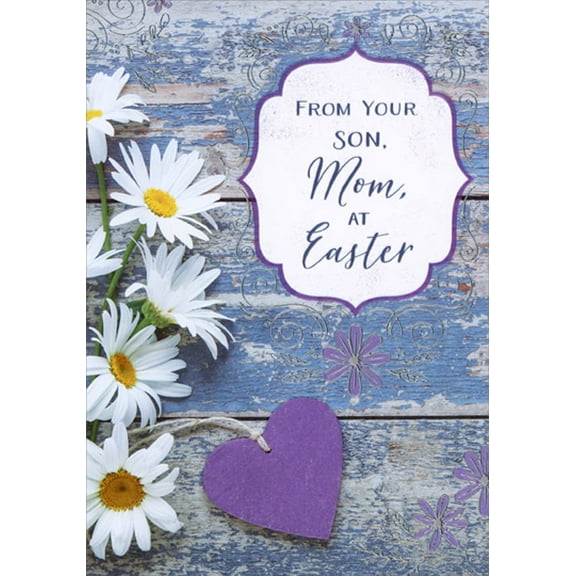 Designer Greetings Five Daisies and Purple Tag on Weathered Blue Wood Mom Easter Card from Son