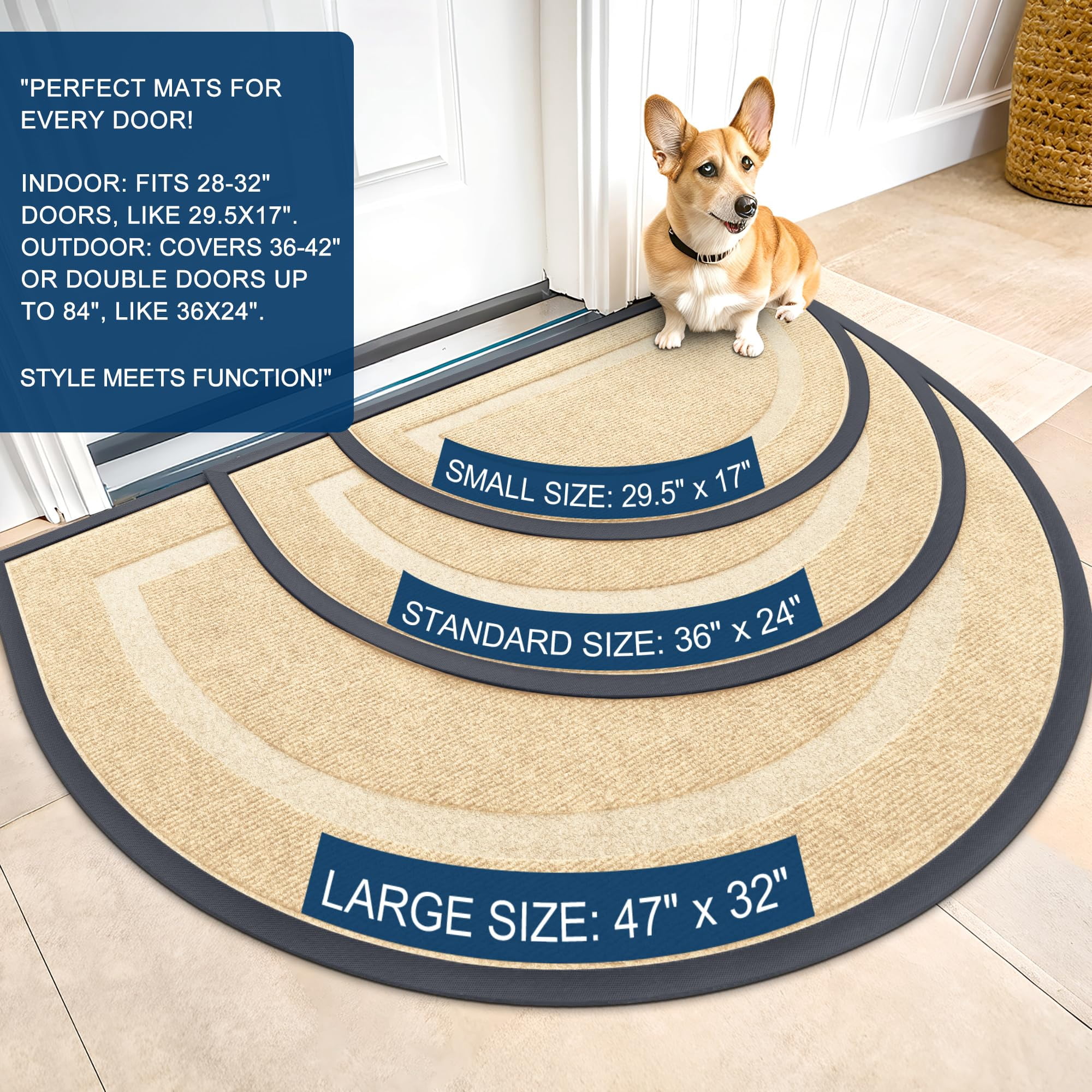Buganda Half Round Door Mat, Heavy Duty Rubber Entrance Mat, Low Profile Dirt Trapper Doormat Outside, 36" x 24", beige