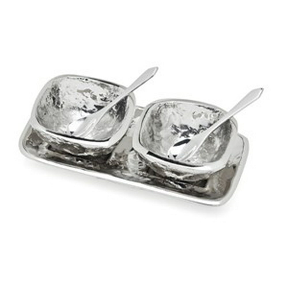Lava NickelPlated Open Salt and Pepper Dishes Bowls on Tray Platter