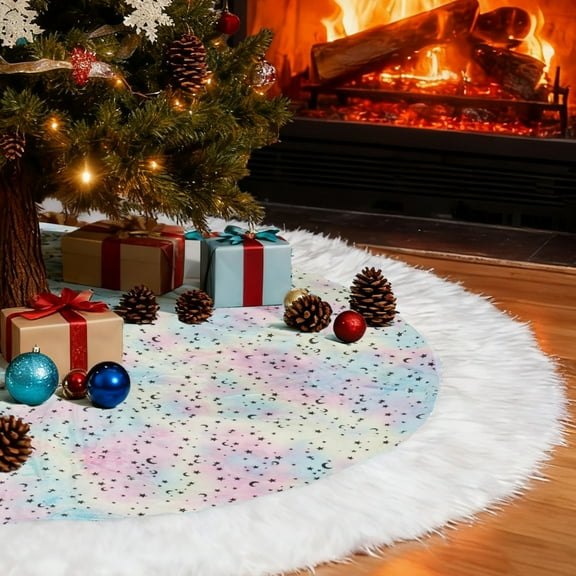 Sanmadrola Christmas Tree Skirt, 36 inch Thick Colorful Velvet Christmas Tree Skirt with Starry Sequin and White Plush Faux Fur Trim Border Decor for Xmas Holiday Party Decorations Ornaments