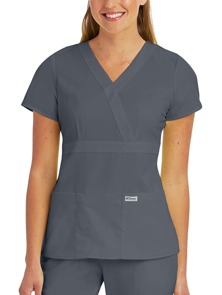 Grey's Anatomy Women's Riley 3 Pocket Mock Wrap Scrub Top, Granite