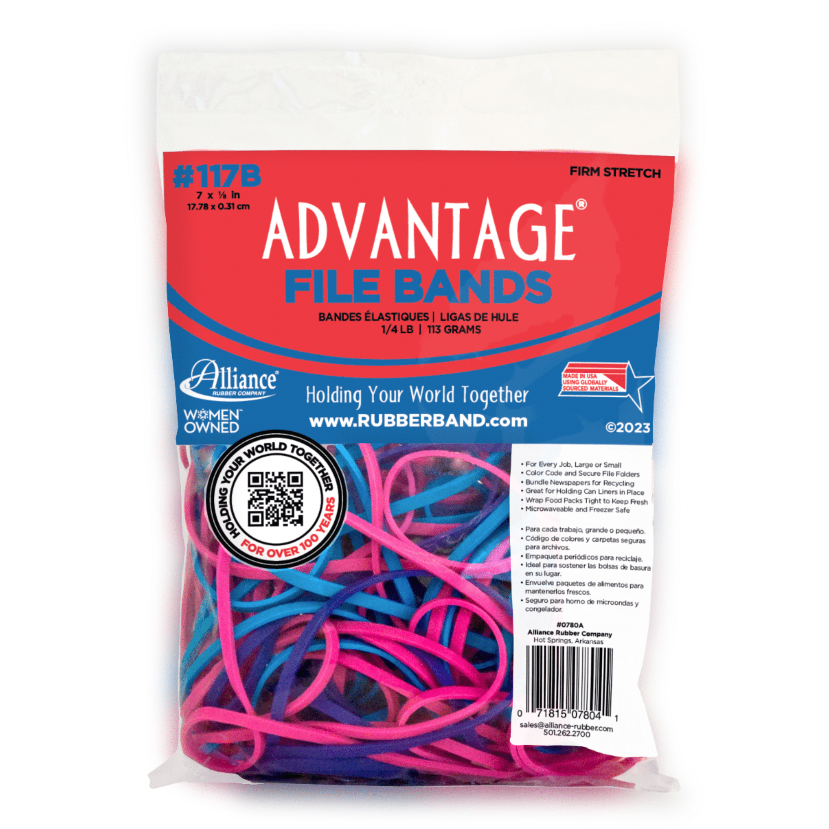 Alliance Advantage File Bands #117B (7" x 1/8") 0780A , 4oz., Approx. 63 Assorted Rubber Bands.