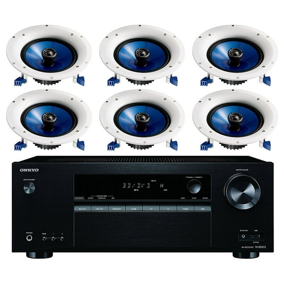 Onkyo 5.2 Channel Full 4K Bluetooth AV Home Theater Receiver   Yamaha Natural High-Performance Moisture Resistant 2-Way 110 watts Surround Sound in-ceiling Speaker System (Set Of 6)