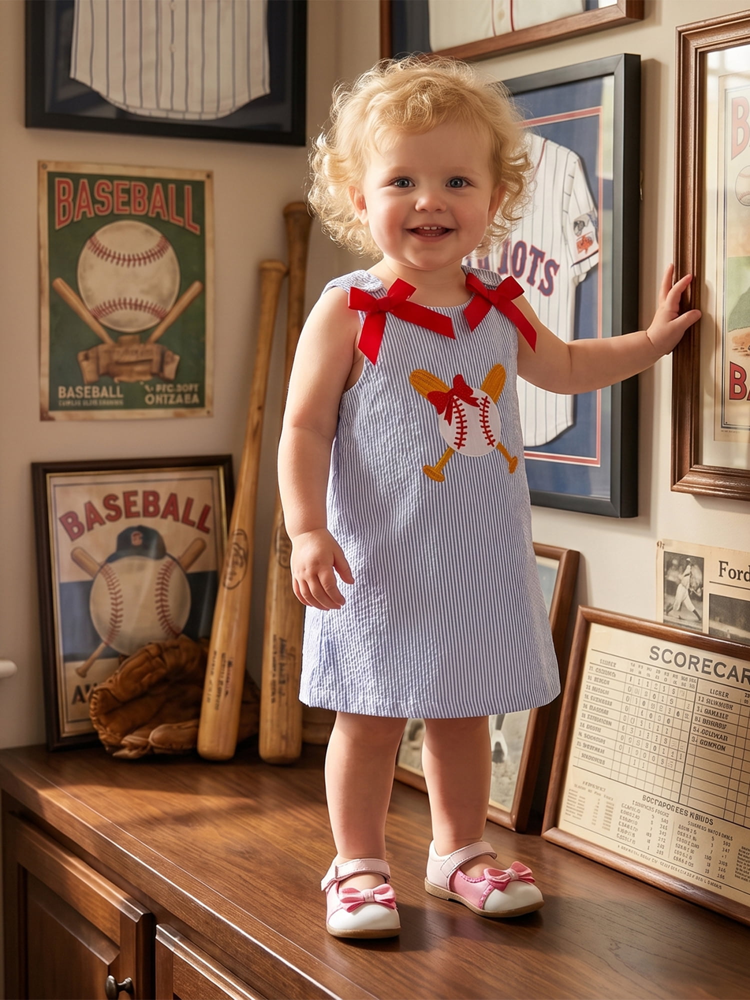 BemeyourBBs Toddler Baby Girl Summer Striped Tank Dress Overalls 6 12 18 24 Months 2 3 4 5  Years Cute Baseball Embroidery Cute Bow Sleeveless Overalls Casual Dress