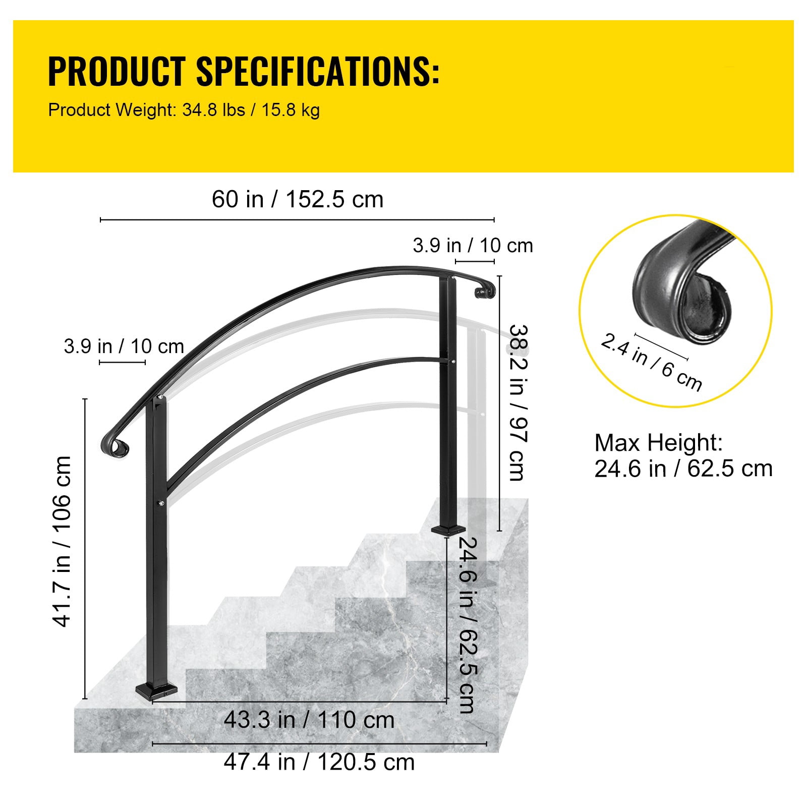 BENTISM 5FT Adjustable Wrought iron Transition Handrail Matte Black Fits 5 Steps
