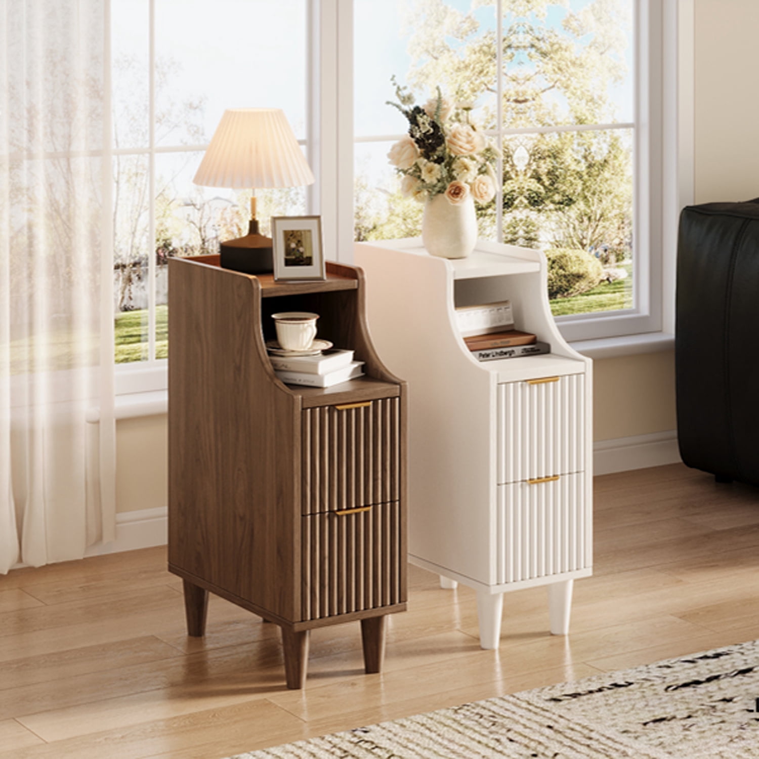 UGTOO Set of 2 Nightstands with 2 Drawers and Open Shelf, Mid-Century Modern Slim End Side Table for Bedroom and Living Room, Walnut Finish with Gold Accents