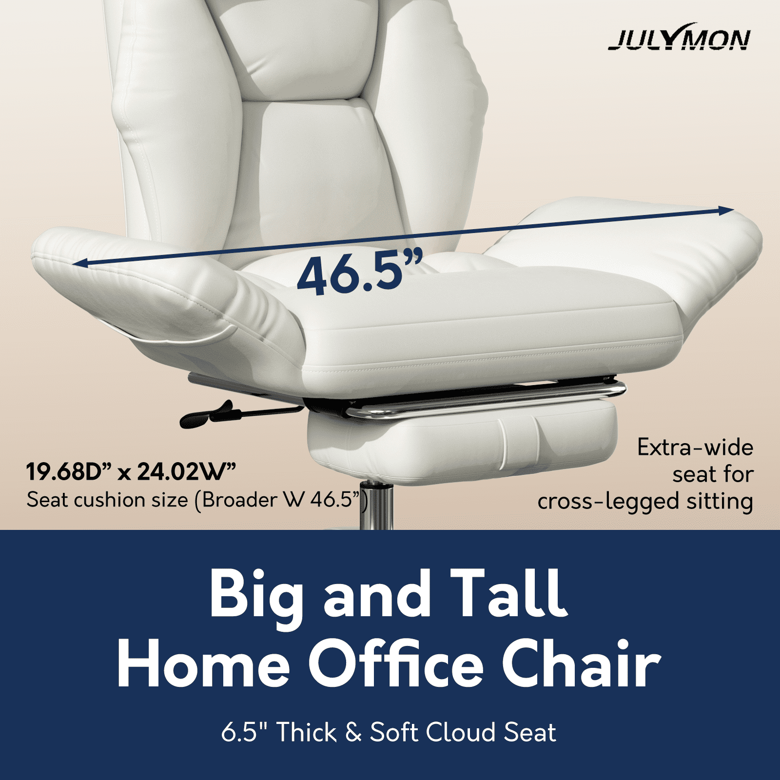 Genpo Criss Cross Desk Chair, Cross Legged Office Chair with Wheels, White Leather Big and Tall Reclining Office Chair 500lbs with Foot Rest, Reversible Armrests & Wide Seat