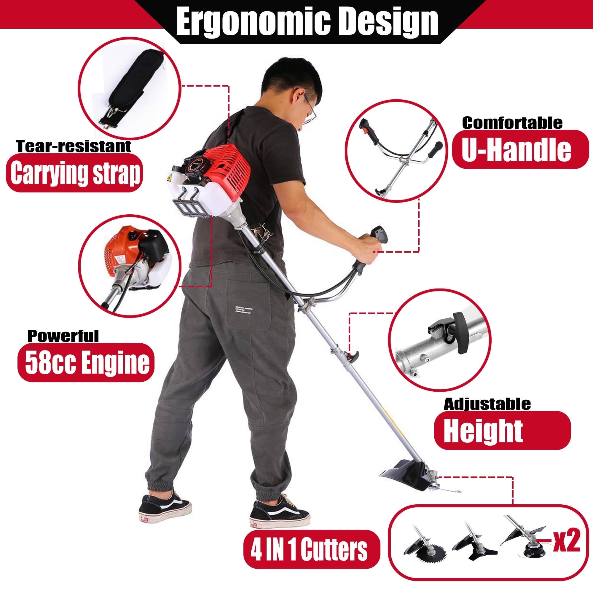 Adnoom 58CC 2-Cycle Gas Powered Weed Eater & String Trimmer, 4-in-1 Multi-Tool with Detachable Brush Cutter, Edger, 18" Blade for Lawn, Garden, Shrubs (Orange Red)