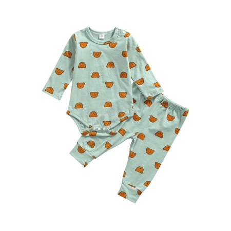 

Canrulo 2Pcs Baby Girls Boys Casual Fall Outfits Bear Long Sleeve Romper+Pants Clothes Green 0-6 Months