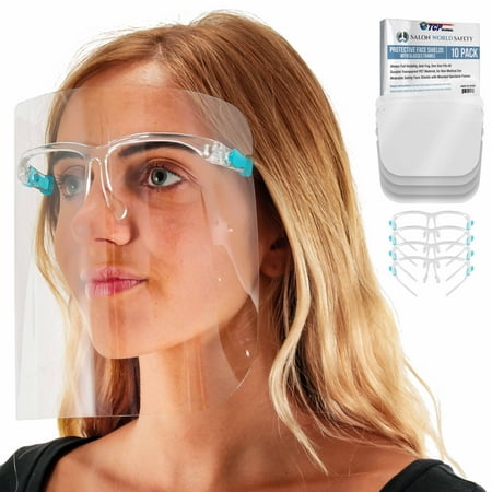 Safety Face Shields with Glasses Frames (Pack of 10) - Ultra Clear Protective Full Face Shields to Protect Eyes, Nose, Mouth - Anti-Fog PET Plastic, Goggles - Sanitary Droplet Splash Guard